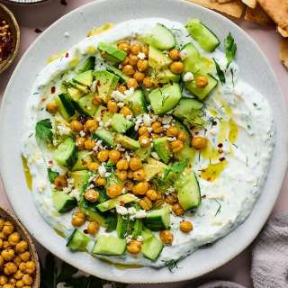 Cucumber, Avocado, & Crispy Chickpea Salad with Creamy Yogurt Feta Spread