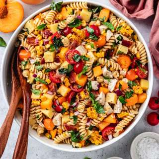 Chicken, Bacon, Peach Pasta Salad with Hot Honey Dressing