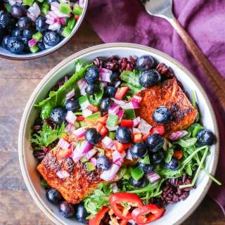 Baked Salmon Power Bowls with Blueberry Salsa
