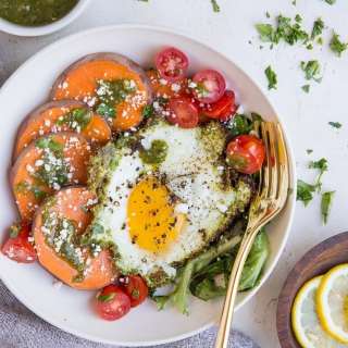 Pesto Eggs Breakfast Bowls with Sweet Potatoes and Greens