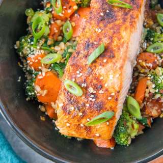 Crispy Paprika Salmon Bowls with Ginger Vegetables & Rice