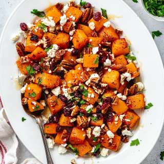 Roasted Butternut Squash with Pecans, Cranberries, Feta & Hot Honey
