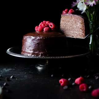 Chocolate Vegan Crêpe Cake with Raspberries