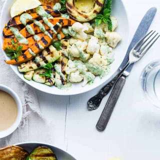 Tahini Grilled Avocado, Cauliflower and Sweet Potato Power Bowl