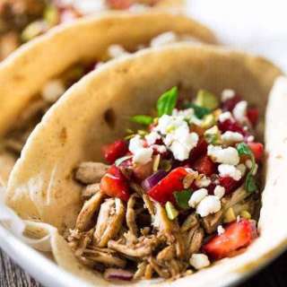 Shredded Chicken Tacos With Balsamic-Strawberry Salsa {Whole-Wheat. High Protein + Super Simple}