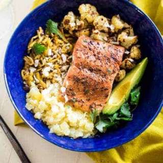 Caribbean Baked Salmon-Plantain Noodle Bowls With Coconut-Avocado Sauce