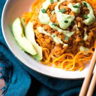 Vegetarian Red Lentil Curry And Sweet Potato Noodle Bowls {Vegan, GF + Super Simple}