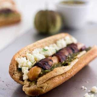 Bacon-Wrapped Hot Dogs With Salsa Verde And Queso Fresco {Whole-Wheat, High Protein, Low-Fat}