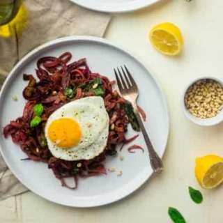 Spiralized Beet Salad With Turnips, Pesto, and Fried Eggs