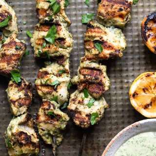 Grilled Herb Hummus Chicken Kebabs