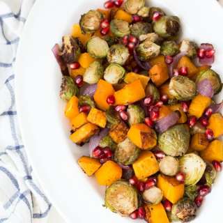 Balsamic Roasted Butternut Squash and Brussels Sprouts with Pomegranate