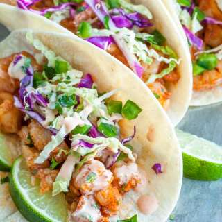 Spicy Sriracha Shrimp Tacos with Cilantro Lime Slaw