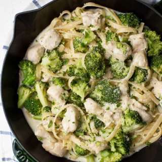 Lightened Up One Pan Chicken and Broccoli Fettuccine Alfredo