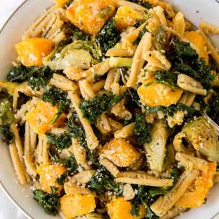 Pasta with Brussels Sprouts, Butternut Squash and Kale