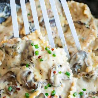 Creamy Balsamic Mushroom Ravioli Alfredo