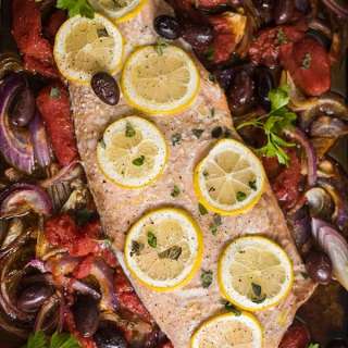 Sheet Pan Salmon with Olives and Tomatoes