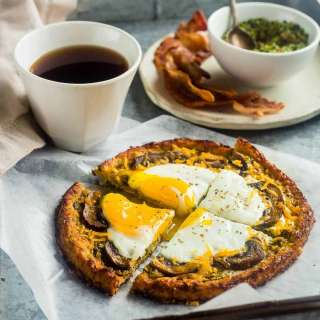 Breakfast Cauliflower Pizza with Eggs and Leek Bacon Pesto {Gluten Free/Grain Free + High protein + Low Carb]