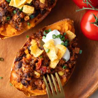 Vegetarian Chili Stuffed Sweet Potatoes