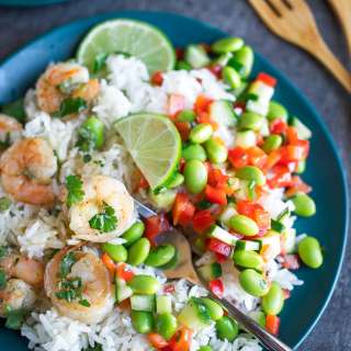 Honey Lime Shrimp with Edamame Salad and Rice