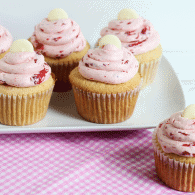White Chocolate Cupcakes with Strawberry Swiss Buttercream