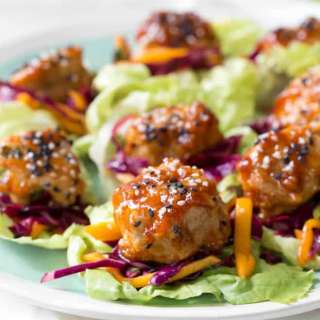 Asian Chicken Meatball Lettuce Wraps with Mango Slaw