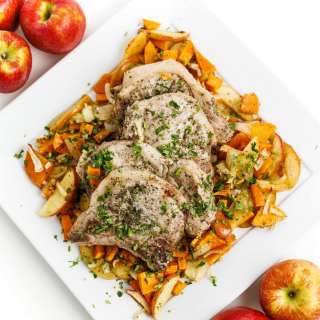 Sheet Pan Pork Chops with Apples, Onions, and Sweet Potatoes