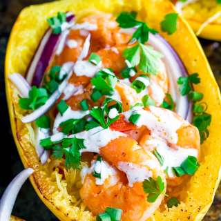 Buffalo Shrimp Spaghetti Squash with Paleo Ranch Dressing