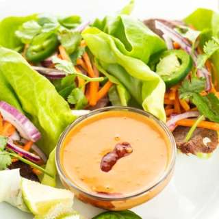 Thai Beef Lettuce Wraps with Peanut Dipping Sauce