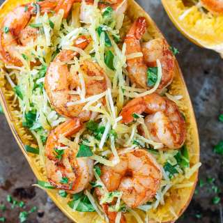 Parmesan Pesto Spaghetti Squash with Shrimp