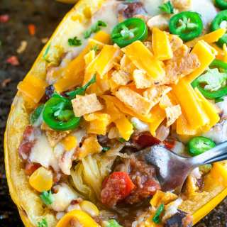 Easy Cheesy Chili Stuffed Spaghetti Squash