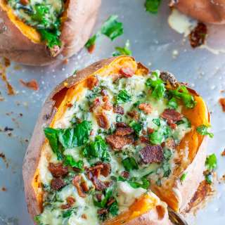 Cheesy Kale Stuffed Sweet Potatoes with Havarti and Garlic