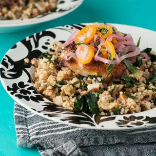 Crispy Chicken Thighs with Kumquat Relish and Freekeh Salad