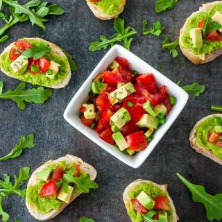 Spring Pea Bruschetta with Tomato and Avocado