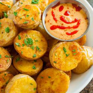 Easy Oven Roasted Potatoes with Sriracha Pumpkin Aioli