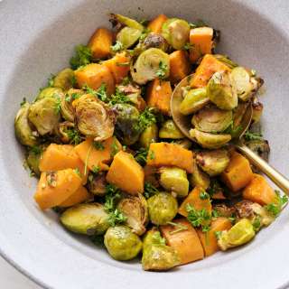 Roasted Brussels Sprouts and Sweet Potatoes
