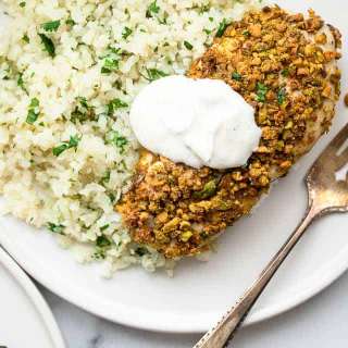 Pistachio Crusted Chicken With Coriander Yogurt Sauce