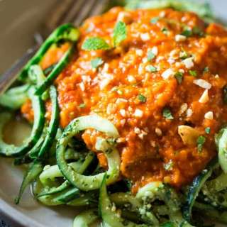 Lentil Coconut Curry With Cashew-Cilantro Pesto Cucumber Noodles {Vegan + Super Simple}