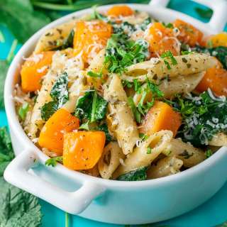 Pesto Pasta with Roasted Butternut Squash and Kale