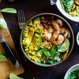 Honey Lime Grilled Avocado Shrimp Nacho Bowls