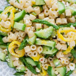 Lemon Asparagus Pasta Salad with Banana Peppers and Feta