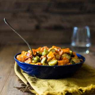 Roasted Sweet Potatoes And Brussels Sprouts With Bacon
