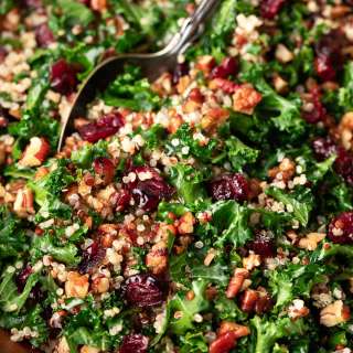 Cranberry Kale Quinoa Salad with Candied Pecans and Feta
