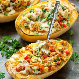 Cheesy Pesto Chicken Spaghetti Squash