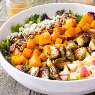 Roasted Butternut Squash & Brussels Sprouts Harvest Salad with Maple Cider Vinaigrette