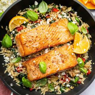 Mediterranean Salmon and Orzo Skillet