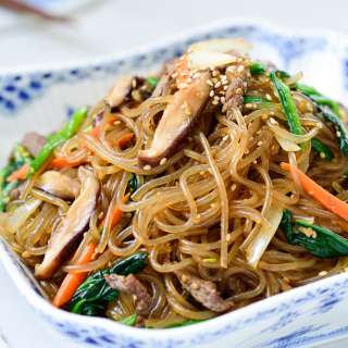 Japchae (stir-fried starch noodles with beef and vegetables)
