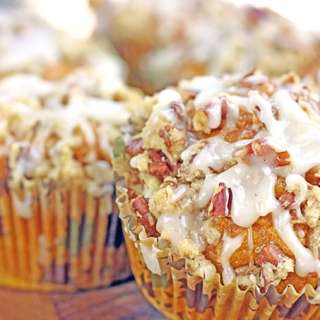 Iced Maple Pumpkin Pecan Streusel Muffins
