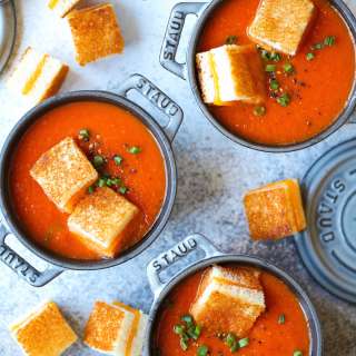 Creamy Tomato Soup with Grilled Cheese "Croutons"
