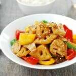 Stir-fried lotus root with peppers and mushrooms (Yeon-geun Bokkeum)
