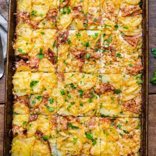 Sheet Pan Ham and Swiss Scalloped Potatoes